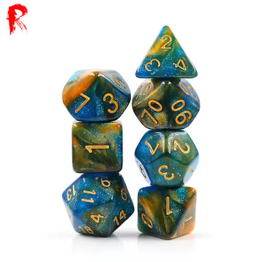 River at Dusk - Blue and Gold with Gold Numbers 7-Die RPG Set - Ronin Games Dice HDAR-20