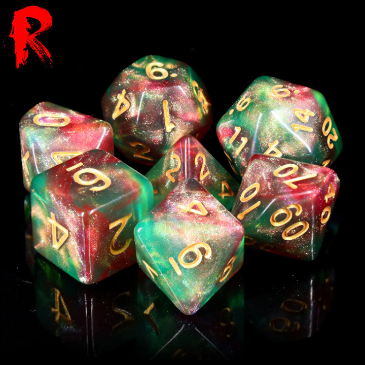 Elven Dreams - Green/Red Nebula 7-Die RPG Set - Ronin Games Acrylic Dice - HDAR-25