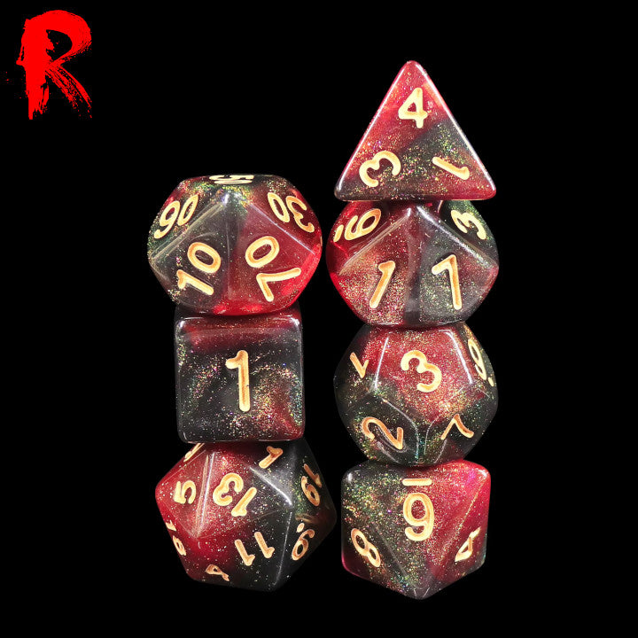 Midnight Rose - Red/Black Nebula 7-Die RPG Set - Ronin Games Acrylic Dice - HDAR-26