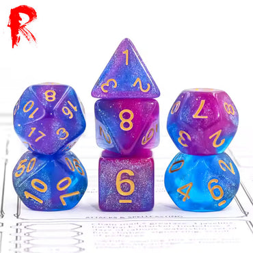 Blue Enchantress - Pink/Blue Nebula 7-Die RPG Set - Ronin Games Acrylic Dice - HDAR-27