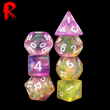 Lemon Jelly - Yellow/Pink Nebula 7-Die RPG Set - Ronin Games Acrylic Dice - HDAR-45