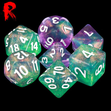 Mystical Elixir - Green/Purple Nebula 7-Die RPG Set - Ronin Games Acrylic Dice - HDAR-49