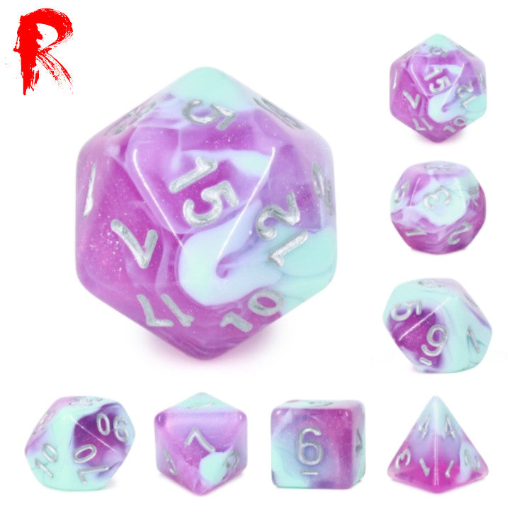 Raspberry Smoothie - Blue/Pink Nebula 7-Die RPG Set - Ronin Games Acrylic Dice - HDAR-52