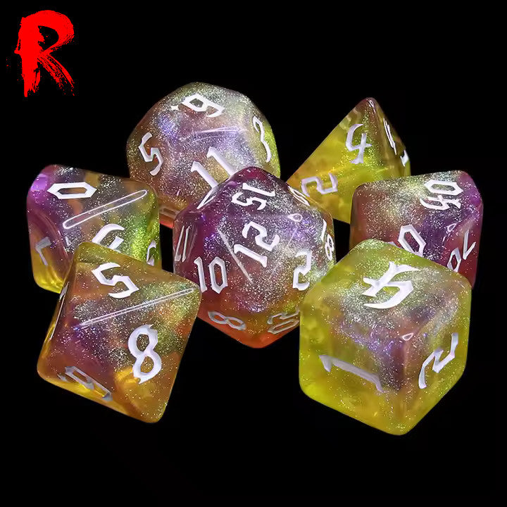 Golden Faith - Gold/Purple Nebula 7-Die RPG Set - Ronin Games Acrylic Dice - HDAR-71