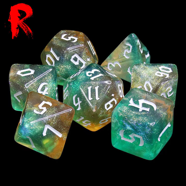 Tranquil Woods - Green/Yellow Nebula 7-Die RPG Set - Ronin Games Acrylic Dice - HDAR-72