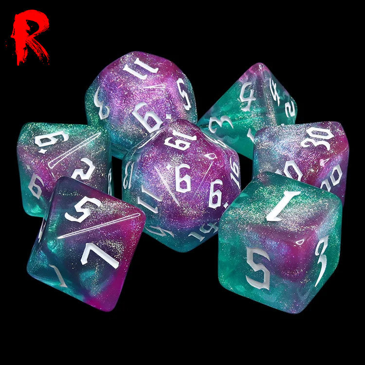 Magic Wand - Green/Purple Nebula 7-Die RPG Set - Ronin Games Acrylic Dice - HDAR-73