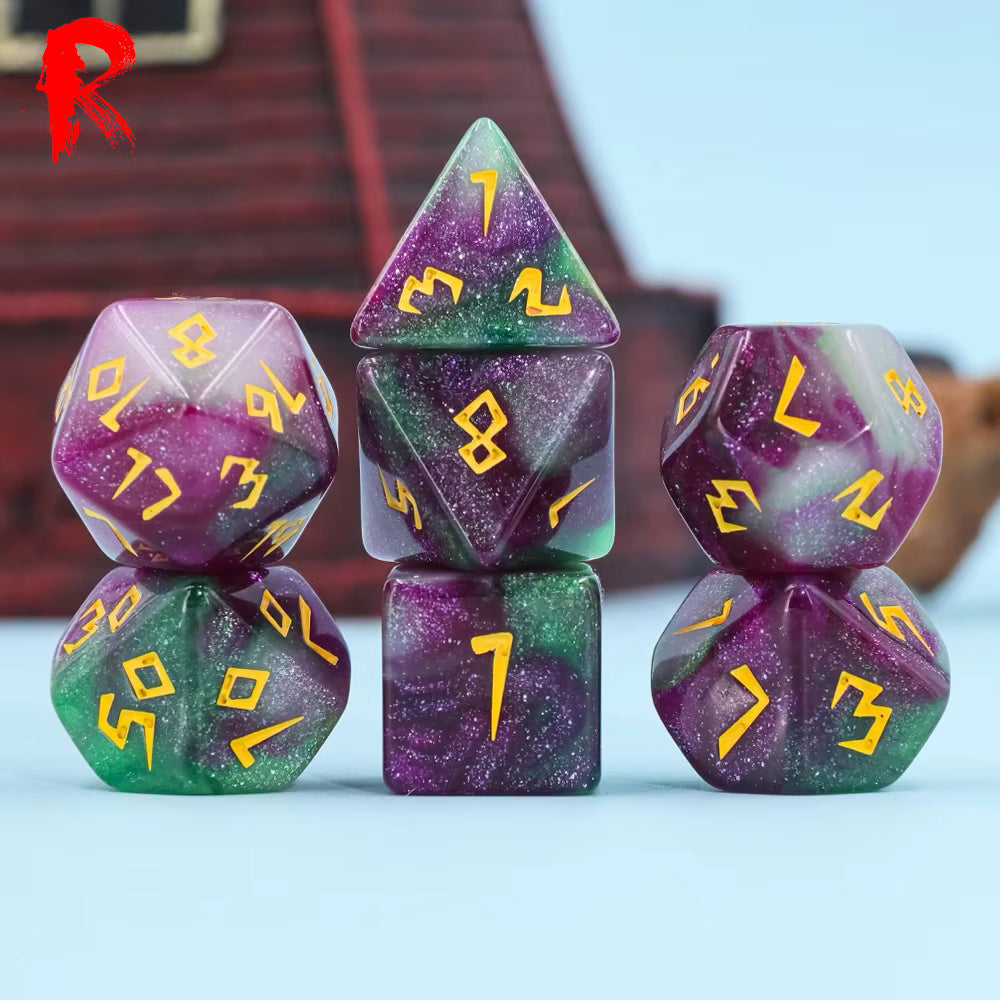 Violet Garden - Multicoloured Swirl 7-Die RPG Set - Ronin Games Acrylic Dice - HDAR-82