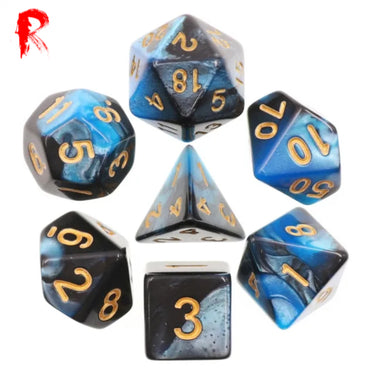 Undersea Treasure - Blue & Black Pearl with Gold Numbers 7-Die RPG Set - Ronin Games Dice HDB-05