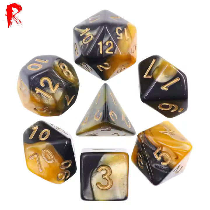 Golden Dawn - Gold/Black Swirl 7-Die RPG Set - Ronin Games Acrylic Dice HDB-06