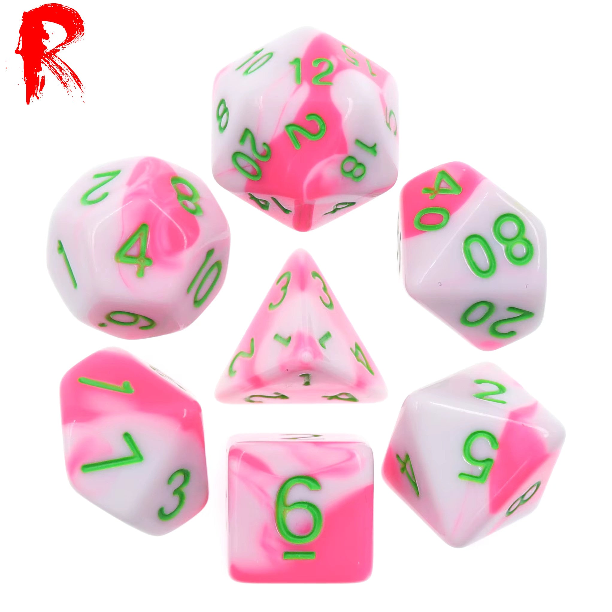 Pink Candy - White/Pink Swirl 7-Die RPG Set - Ronin Games Acrylic Dice - HDB-13