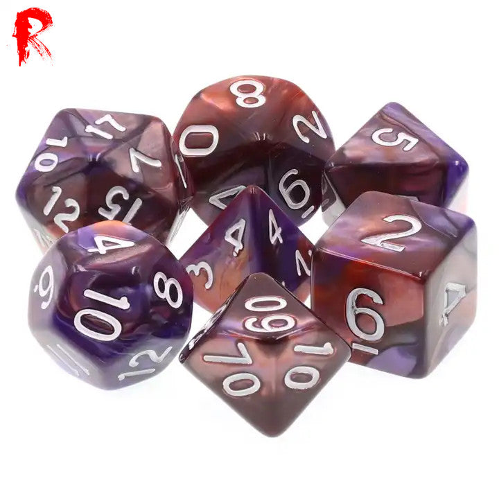 Dawn Sky - Orange/Blue Swirl 7-Die RPG Set - Ronin Games Acrylic Dice HDB-18