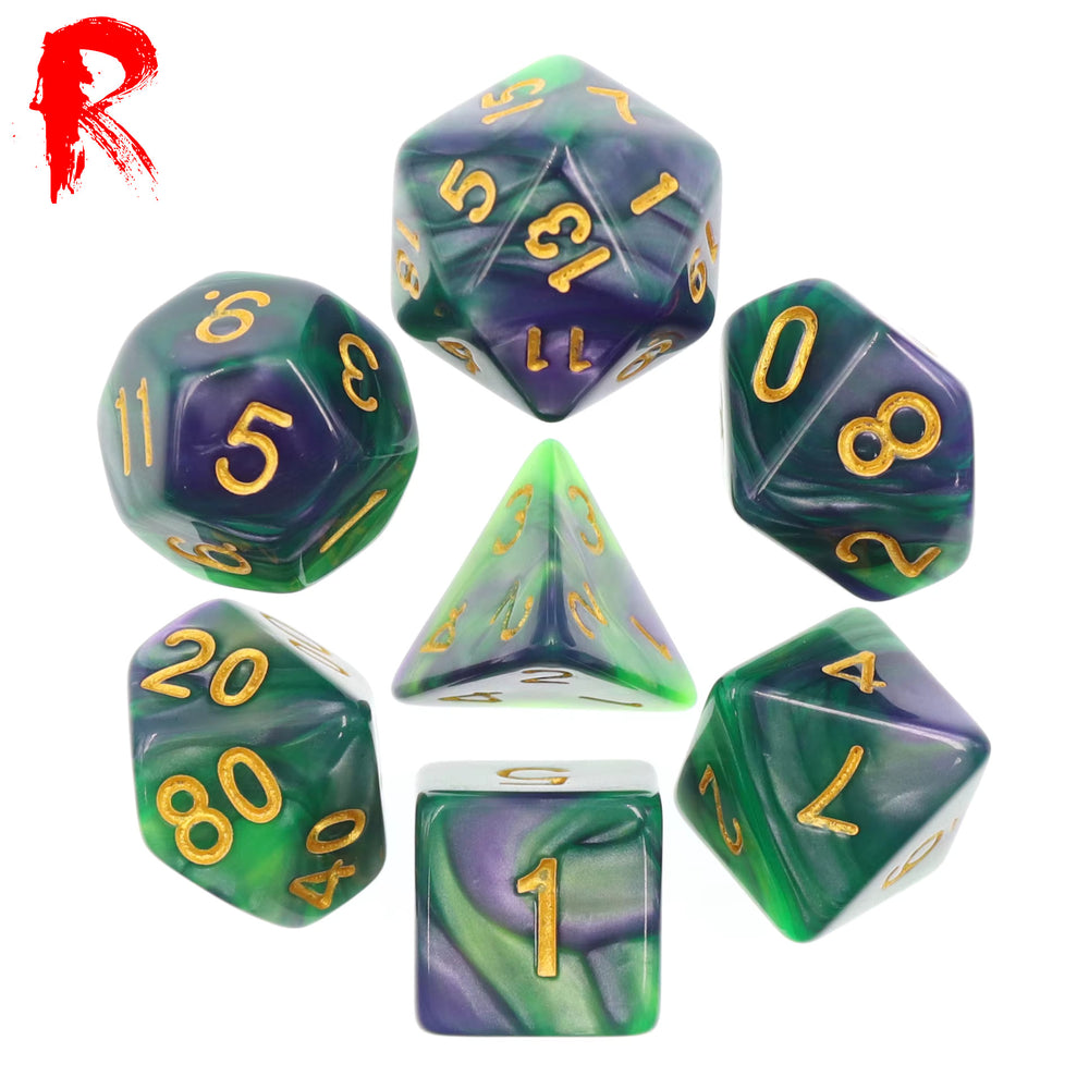 Forbidden Potion - Green/Purple Swirl 7-Die RPG Set - Ronin Games Acrylic Dice - HDB-19