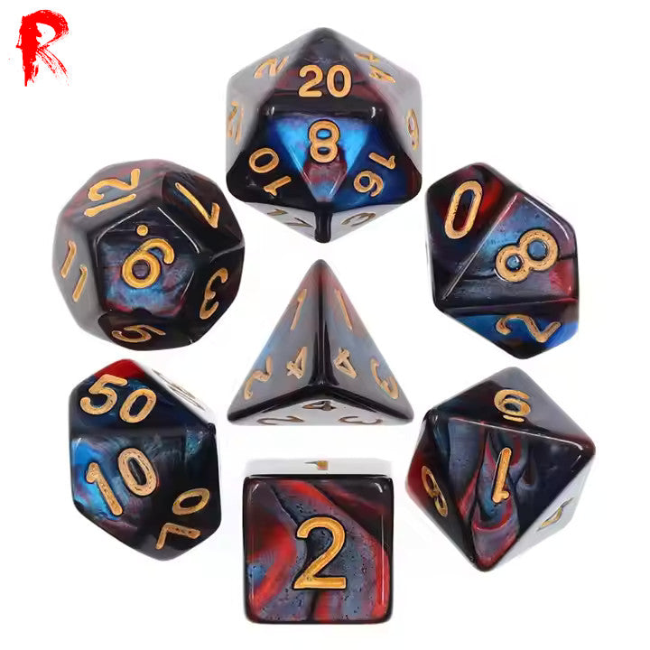 Midnight Fire - Red/Blue Swirl 7-Die RPG Set - Ronin Games Acrylic Dice HDB-22