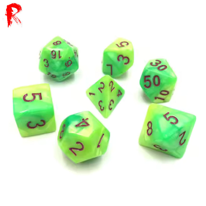 Radioactive Green - Fluro Green/Yellow Swirl 7-Die RPG Set - Ronin Games Acrylic Dice HDB-27