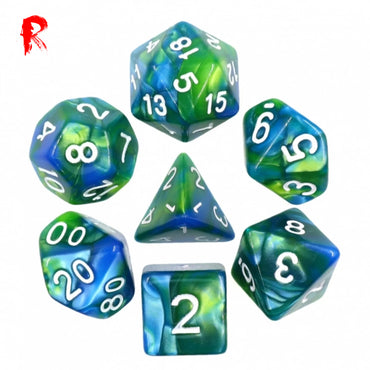 Tranquil Stream - Blue & Green Marble 7-Die RPG Set - Ronin Games Dice HDB-33