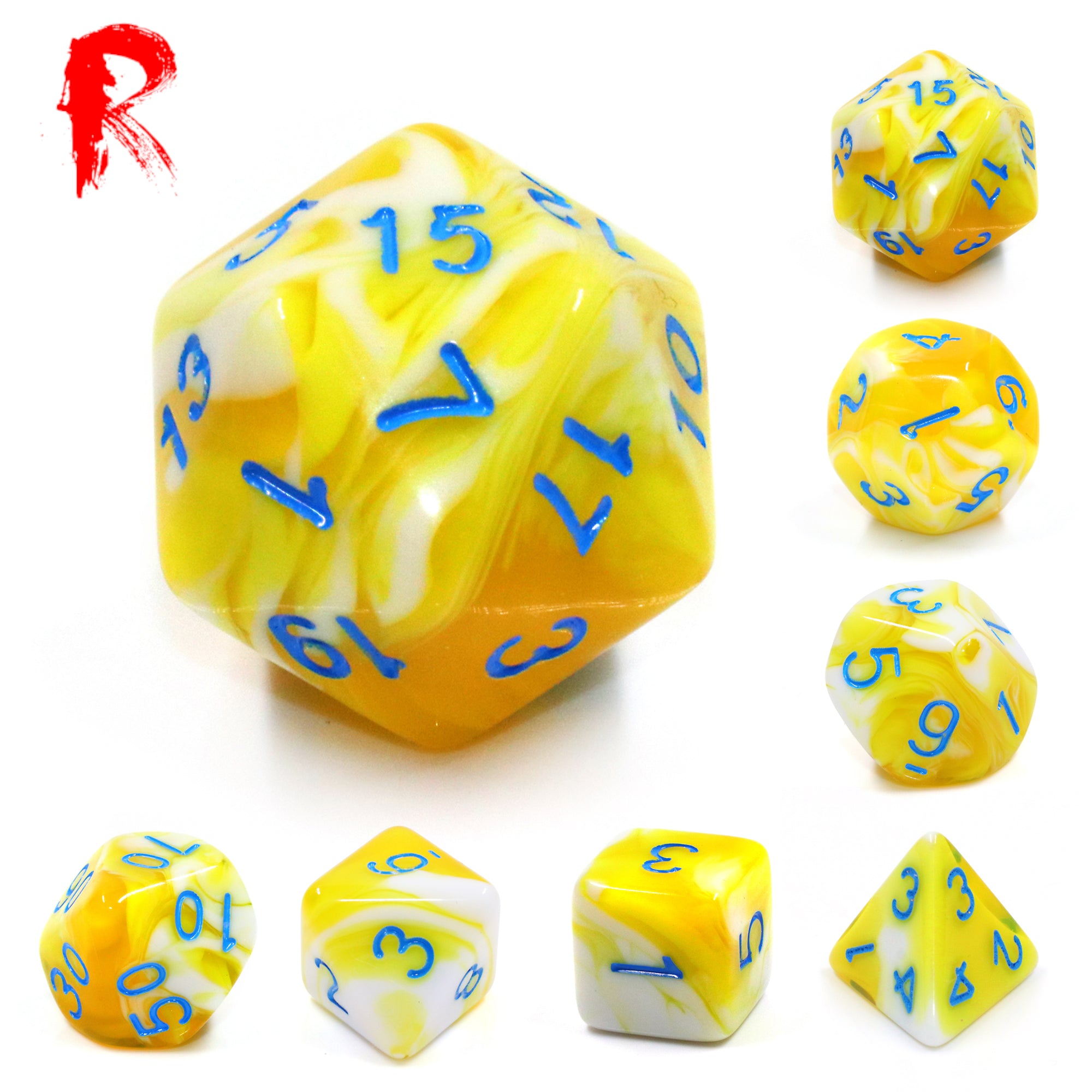 Lemon Cream - Yellow/White Swirl 7-Die RPG Set - Ronin Games Acrylic Dice - HDB-49