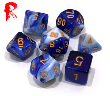 Blue Porcelain - Blue and White Swirl 7-Die RPG Set - Ronin Games Acrylic Dice - HDB-50