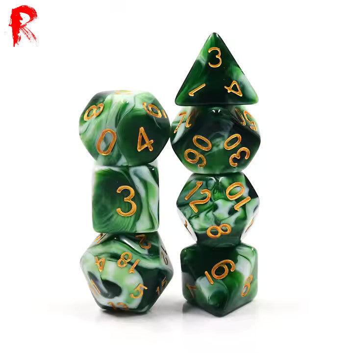 Emerald White Jade - Green/White Marble 7-Die RPG Set - Ronin Games Acrylic Dice HDB-55