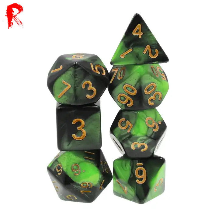 Lakebed - Green/Black 7-Die RPG Set - Ronin Games Acrylic Dice HDB-56