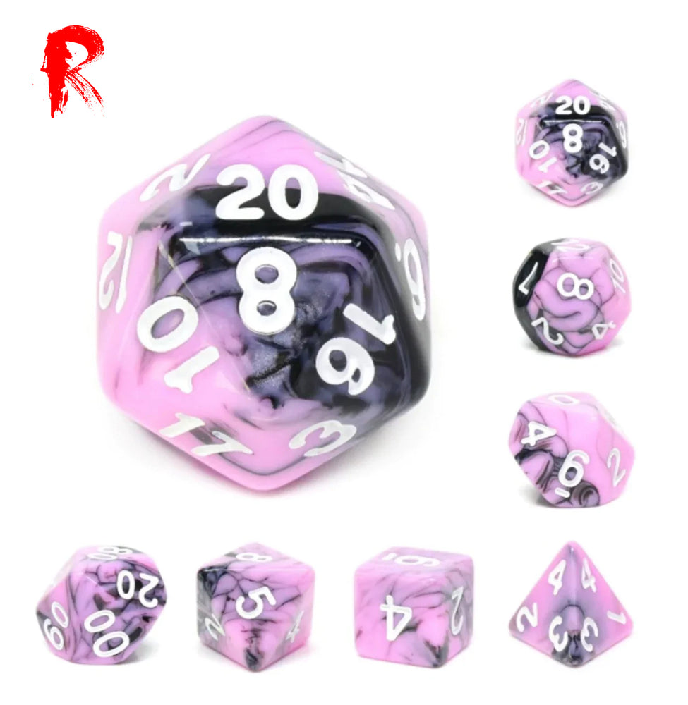 Berry Swirl - Black/Light Pink Swirl 7-Die RPG Set - Ronin Games Acrylic Dice - HDB-59