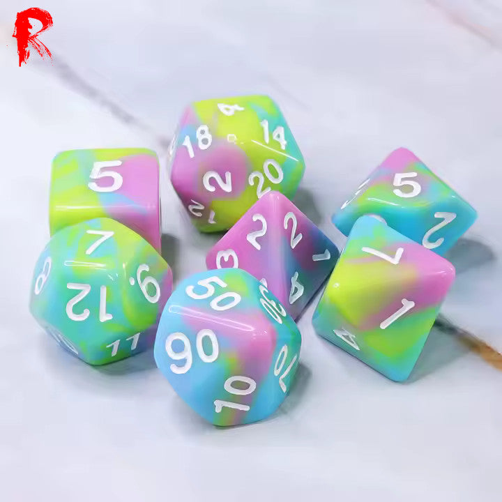 Bright Childhood - Multi-Coloured Swirl 7-Die RPG Set - Ronin Games Acrylic Dice HDB-66