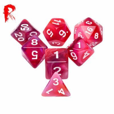 Red Clouds - Red/Pink Marble 7-Die RPG Set - Ronin Games Acrylic Dice HDB-67