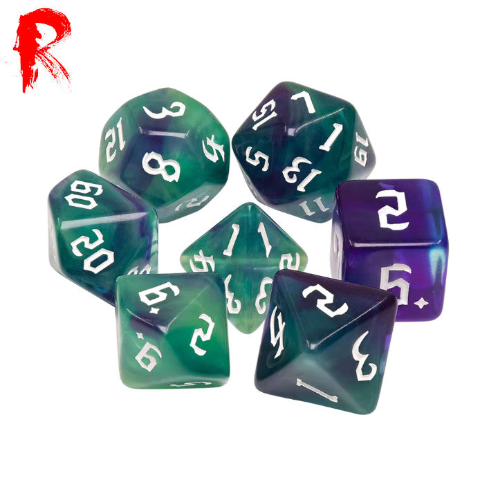 Green Goblins - Multi-Coloured Swirl 7-Die RPG Set - Ronin Games Acrylic Dice - HDB-73