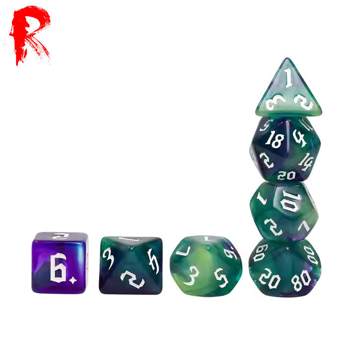 Green Goblins - Multi-Coloured Swirl 7-Die RPG Set - Ronin Games Acrylic Dice - HDB-73