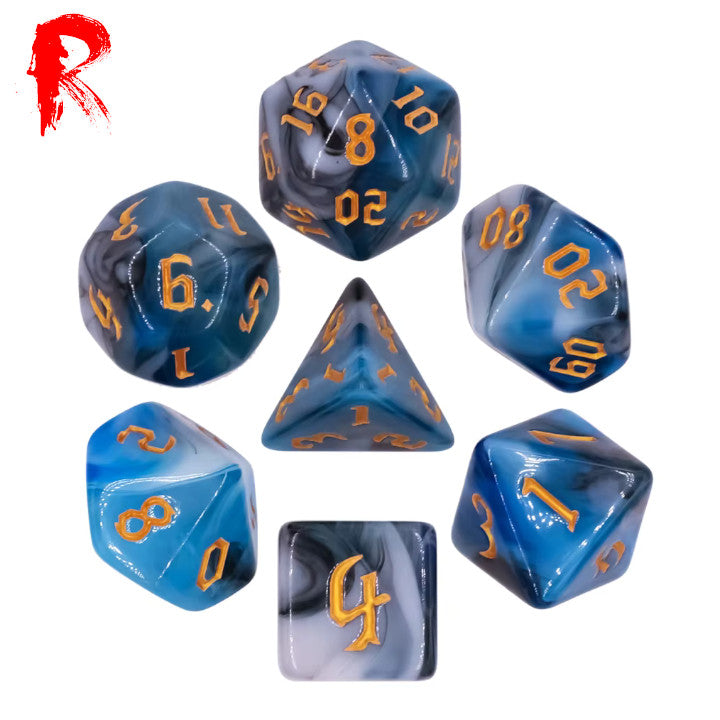 Blue Sorcerer - Multi-Coloured Swirl 7-Die RPG Set - Ronin Games Acrylic Dice - HDB-80