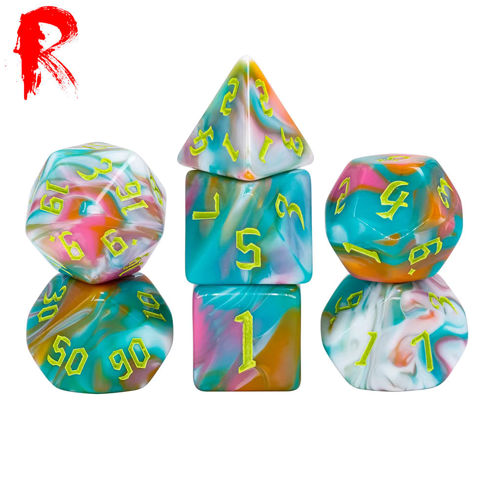 Spring Landscape - Multicoloured Swirl 7-Die RPG Set - Ronin Games Acrylic Dice - HDB-86