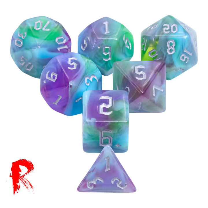 Mushroom Trail - Multi-Coloured Swirl 7-Die RPG Set - Ronin Games Acrylic Dice - HDB-88