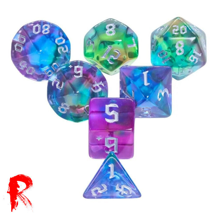 Aurora - Multi-Coloured Swirl 7-Die RPG Set - Ronin Games Acrylic Dice - HDB-89