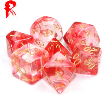 Crimson Light - Clear and Red 7-Die RPG Set - Ronin Games Acrylic Dice - HDE-02