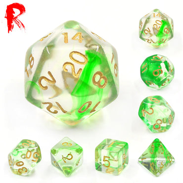 Green Ripples - Green/Clear 7-Die RPG Set - Ronin Games Acrylic Dice - HDE-04