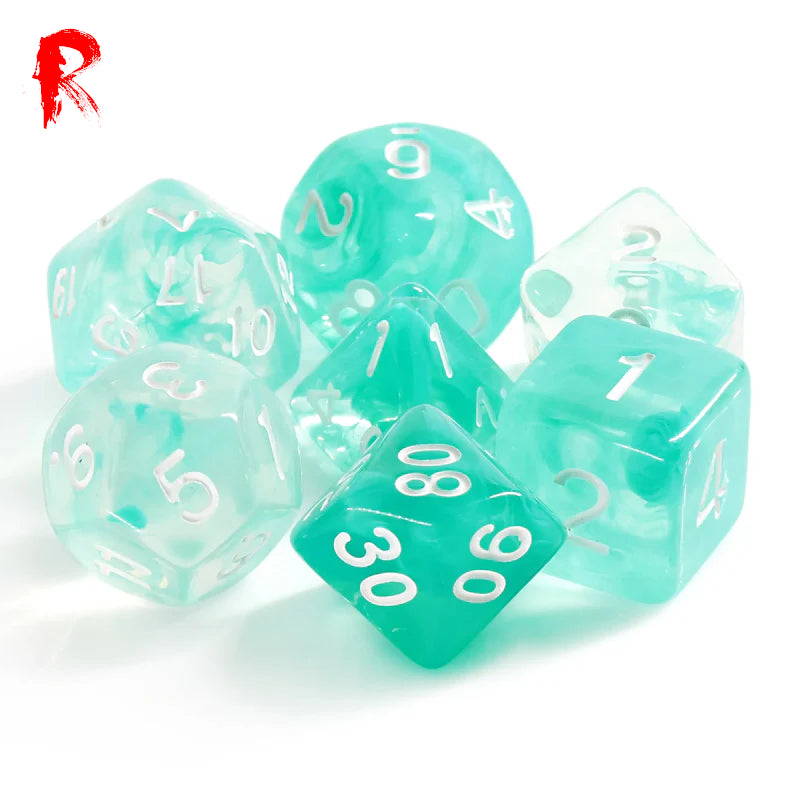 Lakeside Tavern - Teal/Clear Swirl 7-Die RPG Set - Ronin Games Acrylic Dice