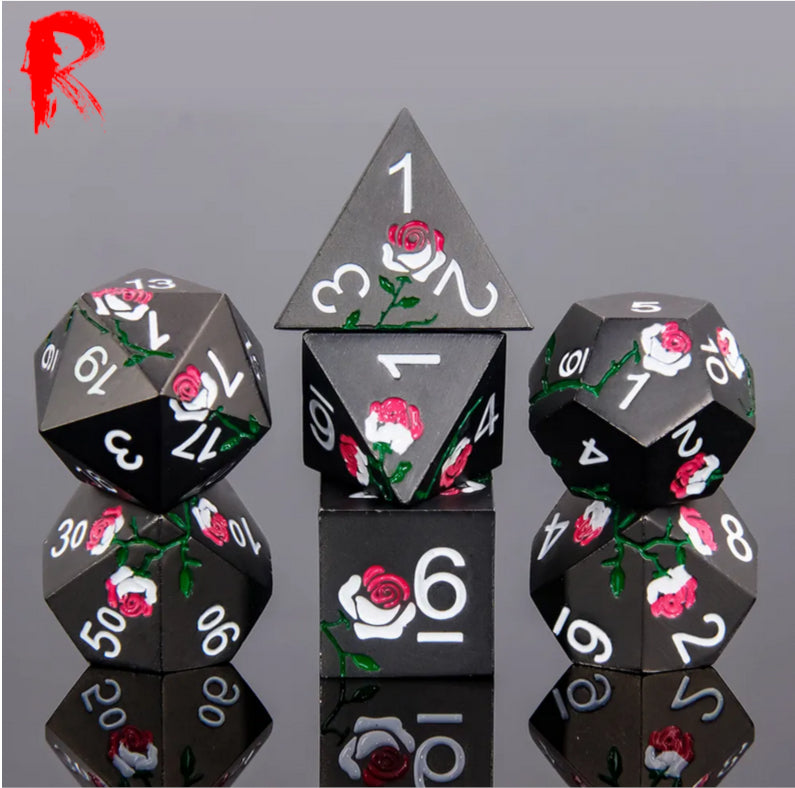 Dark Rose - White/Red Rose on Black Metal - Ronin Dice - HDFD-09