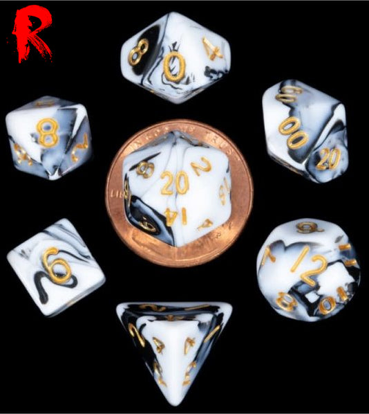 Mini Dice - Black and White Swirl with Gold Font - Acrylic RPG 7-Dice Set - Ronin Games Dice - HDMM-04