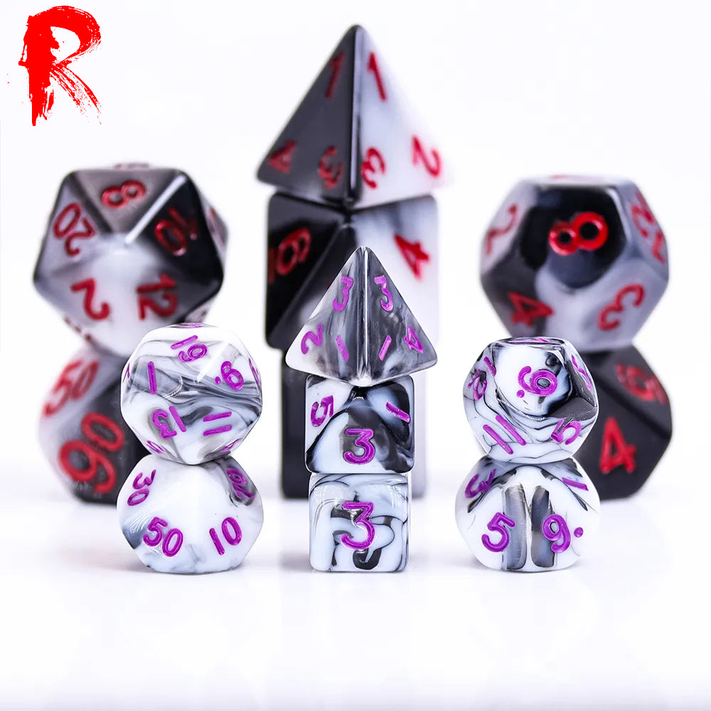 Mini Dice - Black and White Swirl with Purple Font - Acrylic RPG 7-Dice Set - Ronin Games Dice - HDMM-05