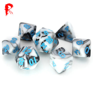 Mini Dice - Black and White Swirl with Blue Font - Acrylic RPG 7-Dice Set - Ronin Games Dice
