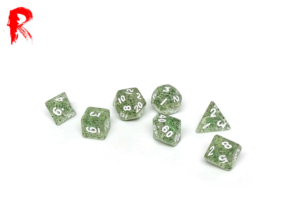 Mini Dice - Transparent with Green Glitter - Acrylic RPG 7-Dice Set - Ronin Games Dice