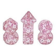 Mini Dice - Transparent with Rose Red Glitter - Acrylic RPG 7-Dice Set - Ronin Games Dice