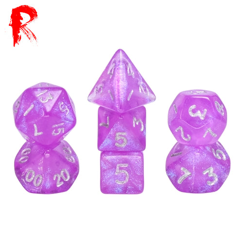 Mini Dice - Purple Translucent Glitter - Acrylic RPG 7-Dice Set - Ronin Games Dice HDMM-23