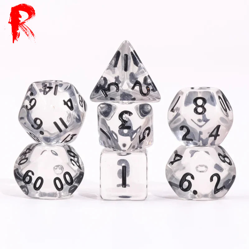 Mini Dice - Transparent with Black Numbers - Acrylic RPG 7-Dice Set - Ronin Games Dice HDMM-30