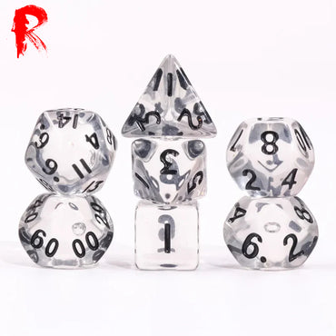 Mini Dice - Transparent with Black Numbers - Acrylic RPG 7-Dice Set - Ronin Games Dice HDMM-30