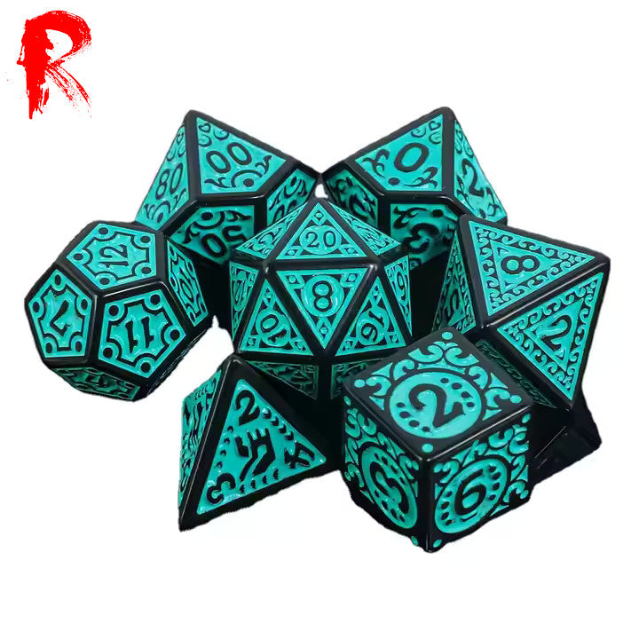 Eldritch Flame - Teal/Black Rune 7-Die RPG Set - Ronin Games Acrylic Dice - HDO-36