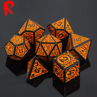 Orange Flame - Orange/Black Rune 7-Die RPG Set - Ronin Games Acrylic Dice - HDO-38