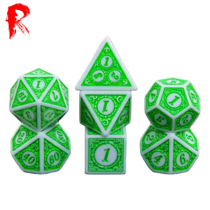 Green Magic - Green/White Rune 7-Die RPG Set - Ronin Games Acrylic Dice - HDO-42