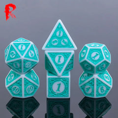 Glowing Runes - Teal/White Rune 7-Die RPG Set - Ronin Games Acrylic Dice - HDO-43