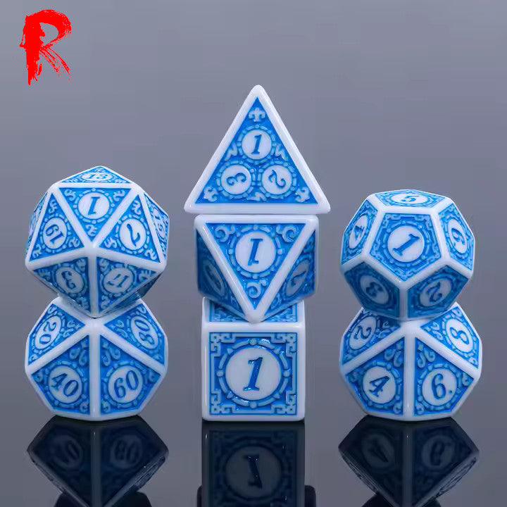 Blue Mage - Blue/White Rune 7-Die RPG Set - Ronin Games Acrylic Dice - HDO-44