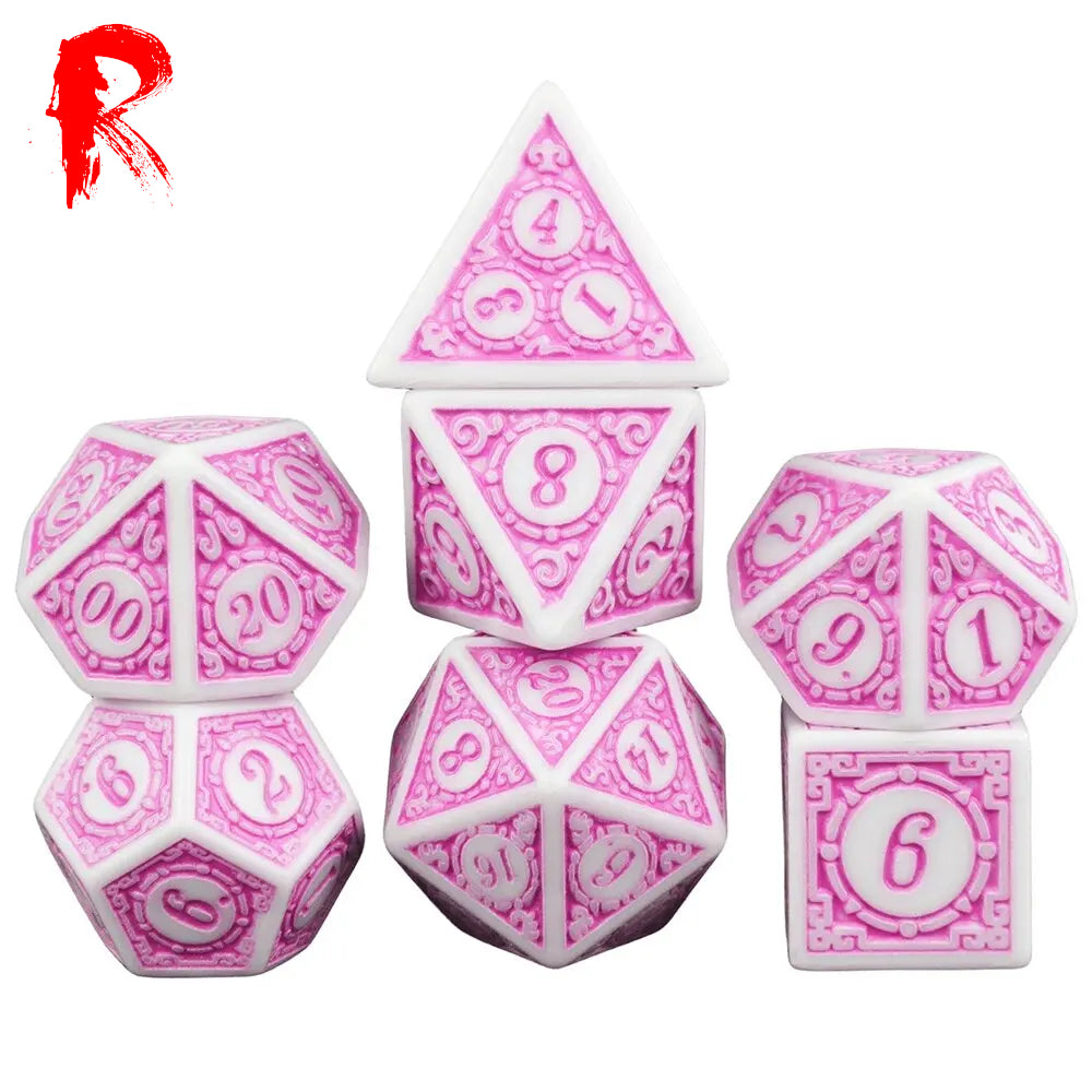 Runes of Protection - White and Pink Etched RPG Acrylic 7 Dice Set - Ronin Games